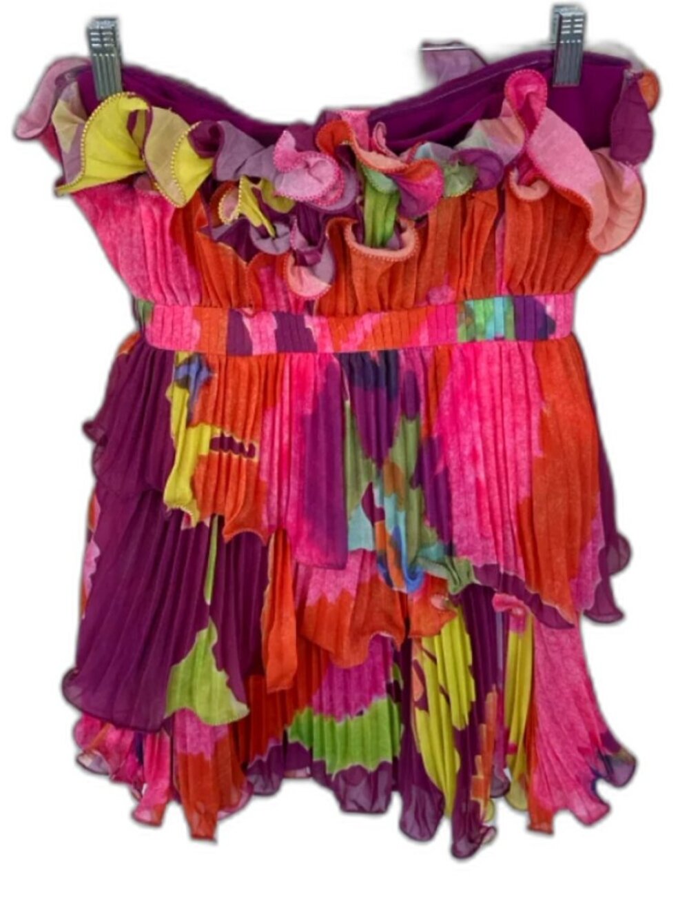 AMUR Massie Strapless Mini Dress Size 4 Purple Floral Pleated Ruffle A-Line - Picture 13 of 14